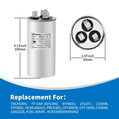 Dual Run Round CBB65 Capacitor 30 Plus 5 MFD Five Percent Tolerance 370 To 440 Volt For AC Motors HVAC Air Conditioner Replacement