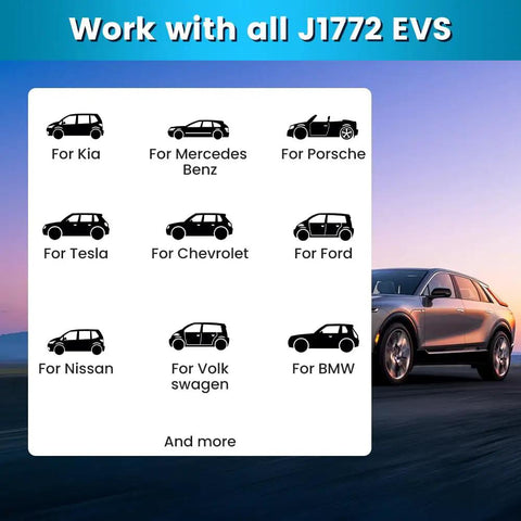 Image showing various EV brands compatible with Portable Two In One Level 1 And Level 2 Electric Charger 32 Amp Adjustable 240 Volt.