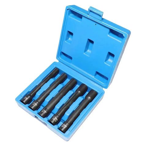 Heavy Duty Extra Deep Impact Socket Set With 12 Point Metric Design Perfect For Cylinder Head And Rear Bumper Bolt Removal Plus Portable Handle Snap Lock Mechanism For Quick Garage Jobs open case with 5 extra deep metric sockets