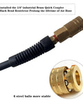 Hybrid Air Hose 1/4 Inch By 25 Feet showing brass fittings and black bend restrictor for durability and kink resistance.