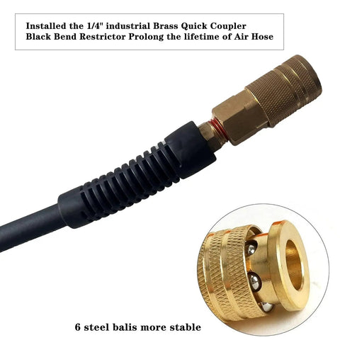 Hybrid Air Hose 1/4 Inch By 25 Feet showing brass fittings and black bend restrictor for durability and kink resistance.