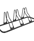 Heavy Duty Bicycle Floor Parking Rack Stand For Mountain And Road Bikes Indoor Home Garage Storage Stable Vertical 3 Bike Holder With Tire Grooves Easy Load Space Saver Durable made of black powder-coated steel for stable bike storage.