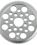Beefed Up Aluminum 48P Spur Gear 80T for 1 to 10 RC Drift Cars, showing metal 7075 alloy with holes and teeth, 80T marking visible