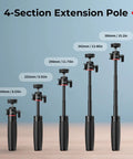 Versatile Extendable Mini Camera Tripod Selfie Stick with carabiner grip and mantis hook shown in 4-section extension lengths