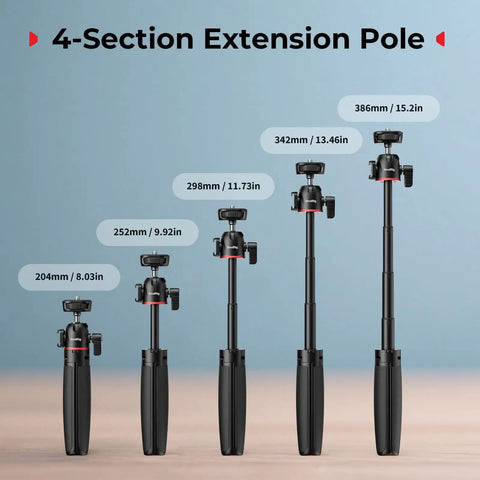 Versatile Extendable Mini Camera Tripod Selfie Stick with carabiner grip and mantis hook shown in 4-section extension lengths
