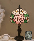 8 Inch Tiffany Style Pink Rose Table Lamp For Girl Bedroom Bedside Nightstand Decor Stained Glass Lamp With Bronze Vintage Base Romantic Gift For Girlfriend Or Lover Cozy Accent Lighting