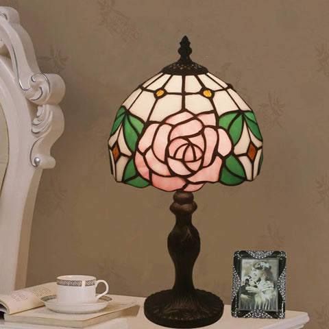8 Inch Tiffany Style Pink Rose Table Lamp For Girl Bedroom Bedside Nightstand Decor Stained Glass Lamp With Bronze Vintage Base Romantic Gift For Girlfriend Or Lover Cozy Accent Lighting