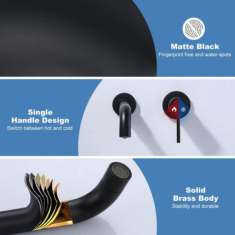 Matte Black Wall Mount Bathroom Faucet With Single Handle, Temp Control, Brass, showing design details and materials.