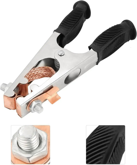 Heavy Duty 500A Welding Ground Clamp With Rubber Sleeve For Superior Conductivity And Safety Pro Grade Welding Clamps For Industrial And Home Use Built Tough For Demanding Projects, showcasing copper braiding and rubber grip details.