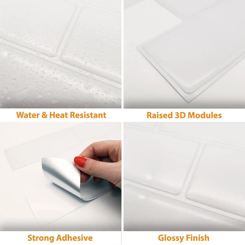 Super Easy Peel And Stick Glossy White Subway Tile Stickers That Are Heat And Water Resistant Perfect For A Killer Kitchen Backsplash Makeover Or Bathroom Walls Eco Friendly Design That Never Turns Yellow Over Time featuring water resistance, 3D texture, adhesive peel and glossy finish