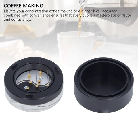 Heavy Duty 58 Millimeter Espresso Distribution Tool With Smooth Bearing Rotation showing dual base and needle for coffee leveling.