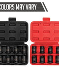 Eight Piece Chromoly Steel Socket Set For Half Inch Drive SAE Seven Sixteenths To Five Eighths in red and black storage cases