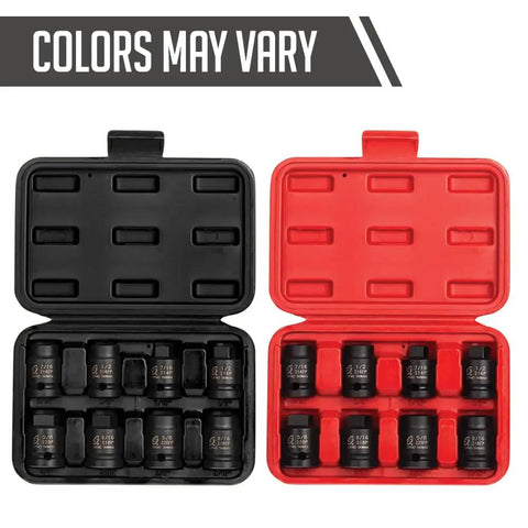 Eight Piece Chromoly Steel Socket Set For Half Inch Drive SAE Seven Sixteenths To Five Eighths in red and black storage cases