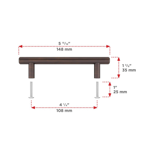 Brushed Oil Rubbed Bronze Cabinet Handle Four And A Quarter Inch Center To Center Steel Drawer Pull dimensions diagram