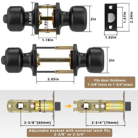 10 Pack Privacy Door Knobs Matte Black Interior Passage Round Lockset With Keyless Entry, dimensions shown.