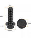 M14 X 45mm Hex Serrated Flange Bolts 10.9 Grade Carbon Steel Heavy Duty Fasteners Black Oxide Finish shown with dimensions.