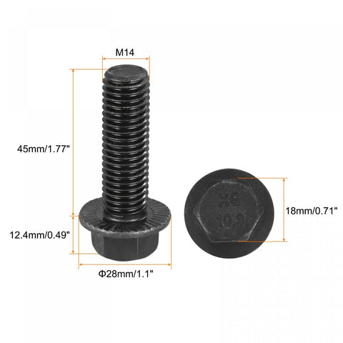 M14 X 45mm Hex Serrated Flange Bolts 10.9 Grade Carbon Steel Heavy Duty Fasteners Black Oxide Finish shown with dimensions.