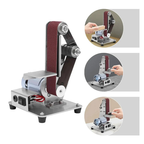 Mini Electric Belt Sander And Polisher Machine Desktop Grinding Tool with stainless steel frame and sanding belt for wood projects.