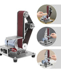 Mini Electric Belt Sander Machine With Stainless Steel Construction Versatile Desktop Polisher And Grinder For Metal Wood Craft Workspaces Compact Space Saving Tool High Performance Sanding Wheel