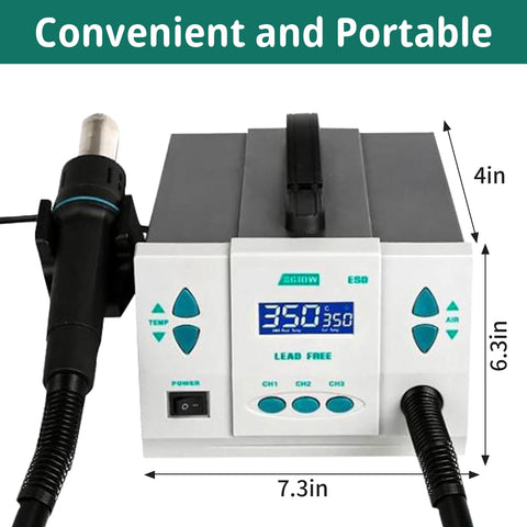 Hot Air Rework Station 1000W With 7 Nozzles, LCD Display, And Channel Control for PCB Repair, dimensions 7.3in x 6.3in x 4in