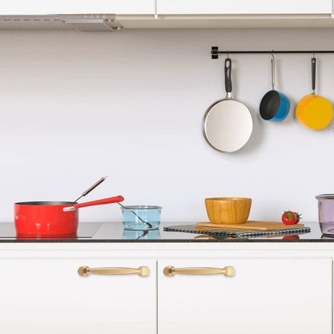 Six Pack Decorative Brass Cabinet Pull Handles Set For Kitchen Drawers And Cupboards on white kitchen cabinets