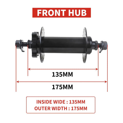 Front hub of Fat Bike Wheel Set 20 24 26 Inches 4.0 Fat Tires Front Snow Beach Wheel Kit With 135mm Disc Bolt On And 195mm Spacing