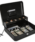 Locking Cash Box With Money Tray And Security Cable, Heavy Duty Metal Safe For Tips And Cash, Key Lock, open with money inside