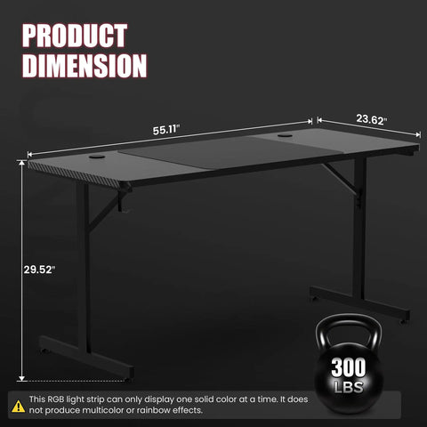 Dimensions of 55 Inch Gaming Desk With LED Lights And Large Mouse Pad For Home Office, T Shaped Carbon Fiber Surface PC Game Workstation.