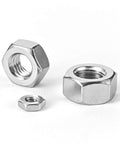Three M4 stainless steel hex nuts with bright finish; 304/18-8, full-thread