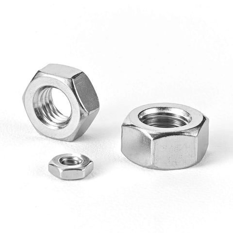 Three M4 stainless steel hex nuts with bright finish; 304/18-8, full-thread