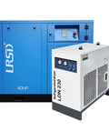 Beast Heavy Duty 40HP 30KW Rotary Screw Air Compressor With Refrigerated Dryer VSD Drive 185 CFM At 125 PSI 220V 3 Phase Industrial Air System All In One For Clean Dry Air On Tough Jobs, blue cabinet and white dryer