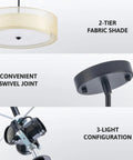 3 Light Drum Pendant Chandelier With Double Fabric Shade, Sleek Matte Black Finish, Dope 20 Inch Ceiling Light Fixture details