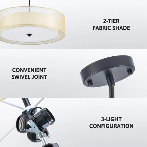 3 Light Drum Pendant Chandelier With Double Fabric Shade, Sleek Matte Black Finish, Dope 20 Inch Ceiling Light Fixture details