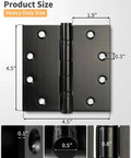 Beefy Stainless Steel 4.5 Inch Ball Bearing Hinges Matte Black Two Pack, dimensions shown for exterior doors, square corner design.