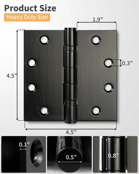 Beefy Stainless Steel 4.5 Inch Ball Bearing Hinges Matte Black Two Pack, dimensions shown for exterior doors, square corner design.