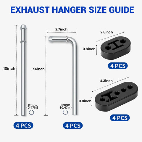 Ultimate 16 Piece Exhaust Hanger Kit featuring Heavy Duty Carbon Steel Rods With Rubber Mounts For Solid Installation And Smooth Ride, size guide with 10 inch straight and bent rods