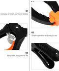 Close-up of A-Type Quick Release Ratchet Spring Clamps 2-Pack for Woodworking and Photography Backdrop, showcasing latching mechanism and ergonomic handle, 6-inch size.