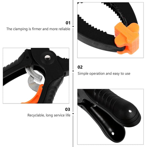Close-up of A-Type Quick Release Ratchet Spring Clamps 2-Pack for Woodworking and Photography Backdrop, showcasing latching mechanism and ergonomic handle, 6-inch size.
