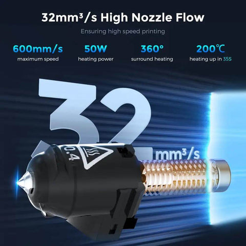 Adventurer 5M Nozzle Assembly With 32mm3 Per Second High Flow 200C Fast Heat showcasing speed and heating capabilities for 3D printing