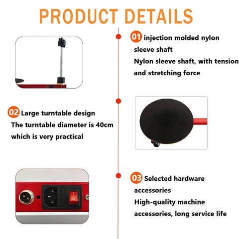 Automatic Electric Pallet Wrapping Machine For Fast Warehouse Packaging, A Real Workhorse Film Wrapper For Cartons And Parcels, Compatible With 27.5 Inch Film Width, Energy Efficient, Labor Saving, Dustproof And Moisture Protective. Product details showing nylon sleeve shaft, 40cm turntable, and control panel