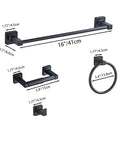 Matte Black 4 Piece Stainless Steel Bathroom Hardware Set with dimensions, including 16 inch towel bar and towel ring