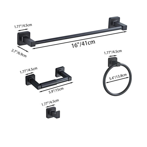 Matte Black 4 Piece Stainless Steel Bathroom Hardware Set with dimensions, including 16 inch towel bar and towel ring
