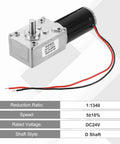 24V high torque worm gear motor with 8mm D shaft, 5 RPM speed, and 1:1340 reduction ratio for industrial applications.