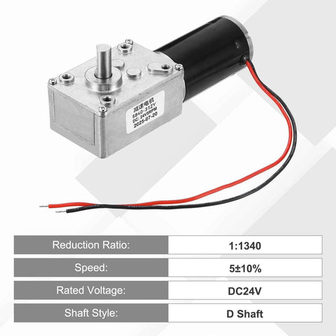 24V high torque worm gear motor with 8mm D shaft, 5 RPM speed, and 1:1340 reduction ratio for industrial applications.