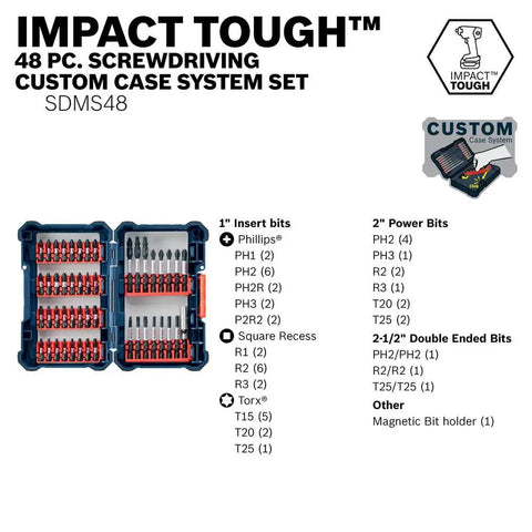 Impact Tough 48-Piece Screwdriver Bit Set Boss-Grade With Tilt In Tilt Out Custom Case System, open case showing various bits