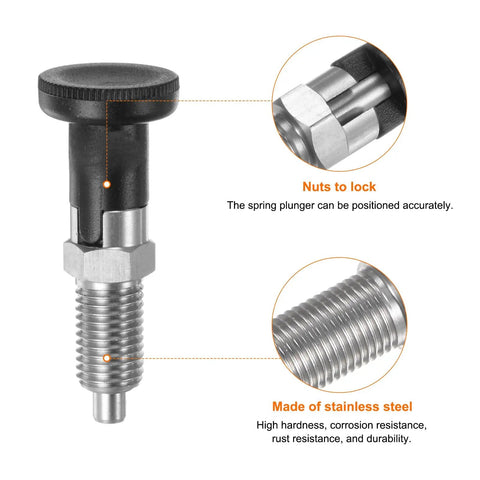 Built Tough M12x1.5 Push Fit Ball Nose Spring Plunger Stainless Steel Self Locking Retractable Index Plunger 6mm Pin close-up view of locking nuts and threads.