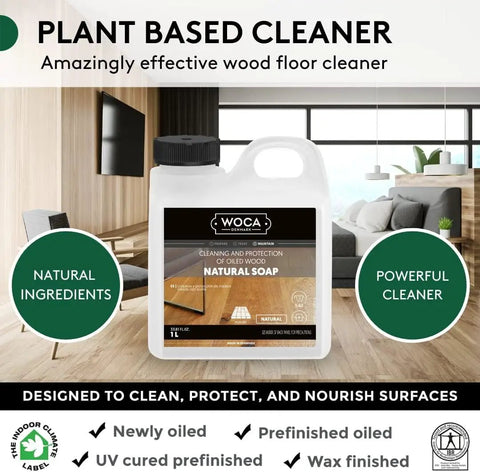 Natural Wood Cleaner Soap White 2.5L for oil-finished floors, shown in a living room with wood floors and modern decor.