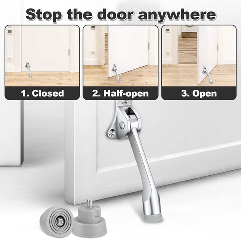 4 Pack Rubber Door Stopper Tips With Screws installed on door showing closed, half-open, and open positions with rubber tips and screws