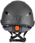 Rear view of Vented Class C Type 1 Safety Helmet With Rechargeable Lamp Chin Strap Hydro Dipped KARBN Pattern Adjustable Vents