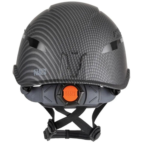 Rear view of Vented Class C Type 1 Safety Helmet With Rechargeable Lamp Chin Strap Hydro Dipped KARBN Pattern Adjustable Vents